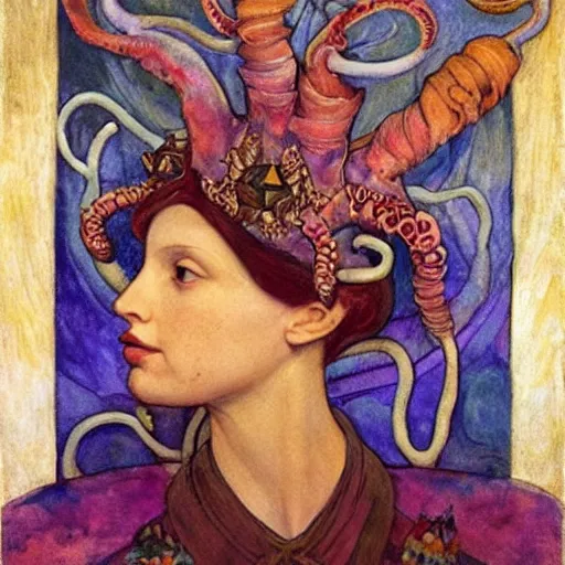 Prompt: the tentacle crown, by Annie Swynnerton!! and Nicholas Roerich! and (((Diego Rivera))), bioluminescent skin, tattoos, elaborate costume, geometric ornament, symbolist, rich colors, dramatic lighting, smooth, sharp focus, extremely detailed