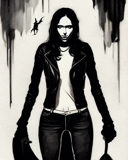 Prompt: rafael albuquerque comic art, peter mohrbacher, steve niles, artgerm, pretty taissa farmiga witch, symmetrical eyes, black leather jacket, jeans, long blonde hair