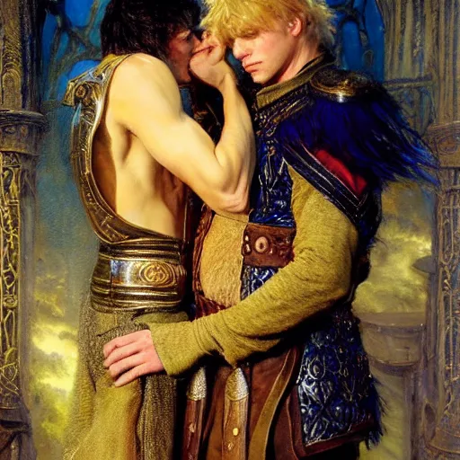 Image similar to stunning arthur pendragon in love with stunning male merlin the mage. they are close to each other. highly detailed painting by gaston bussiere, craig mullins, j. c. leyendecker