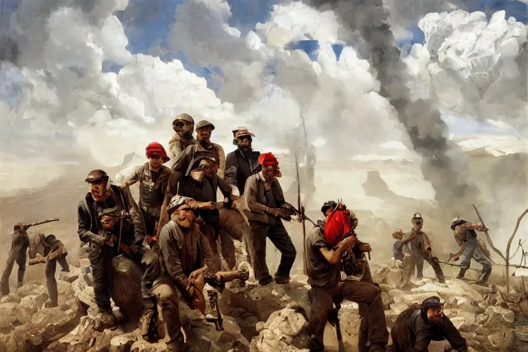 Image similar to intense dramatic still of a ragtag group of miners and factory workers with improvised weapons and firearms and red bandanas around their necks, on the surface of an asteroid, outside of a high tech scifi industrial building, oil painting by charles frederic ulrich, pablo olivera, normal rockwell, greg rutkowski, trending on artstation, incredible detail