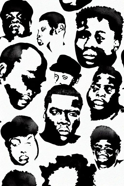 Prompt: minimalist watercolor biggie smalls faces pattern on white background, illustration, vector art