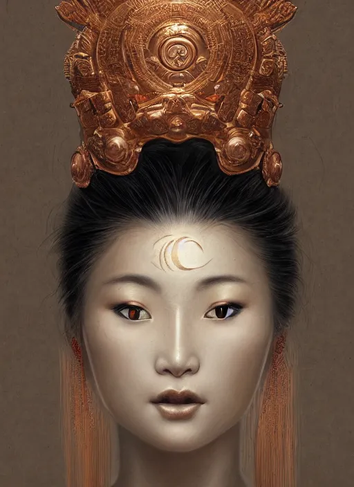 Image similar to a beautiful detailed oil on copper art illustration of a japanese kokushikijo mask woman, centered, by charlie bowater, zeng fanzh, trending on artstation, dim dusk lighting, cinematic lighting, detailed lighting, volumetric lighting, realistic, f 8, 4 k hd wallpaper