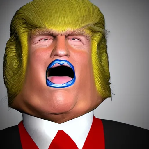 Image similar to fluffy haired donald trump, monster smilling, 3 d.