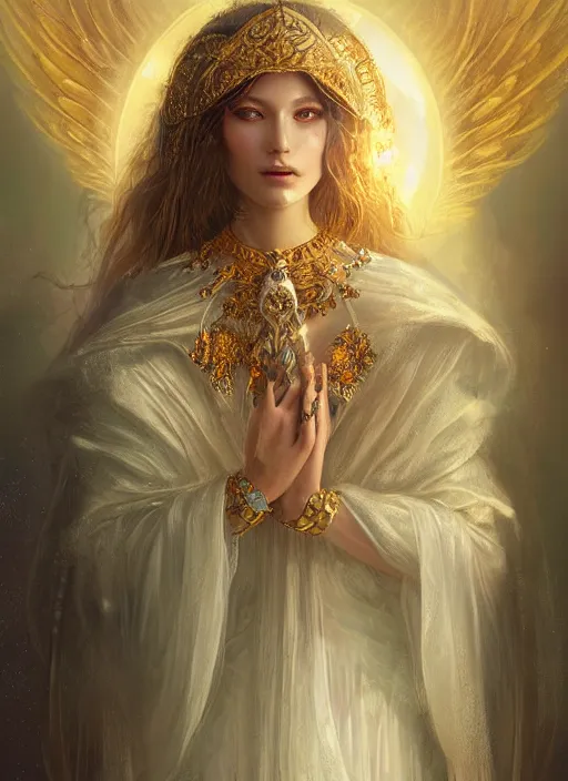 Image similar to A beautiful digital painting of a female Seraphim full of jewels, princess, the moon behind her, intricate, cinematic lighting, highly detailed, digital painting, Artstation, concept art, smooth, sharp focus, illustration, art by Tom Bagshaw, Artgerm and Greg Rutkowski