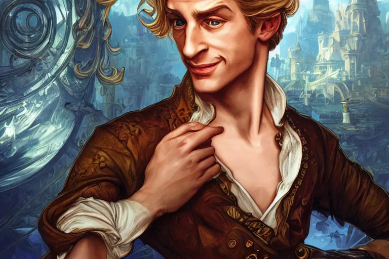 Image similar to Guybrush Threepwood, cute, fantasy, intricate, elegant, highly detailed, digital painting, 4k, HDR, concept art, smooth, sharp focus, illustration, art by artgerm and H R Giger and alphonse mucha