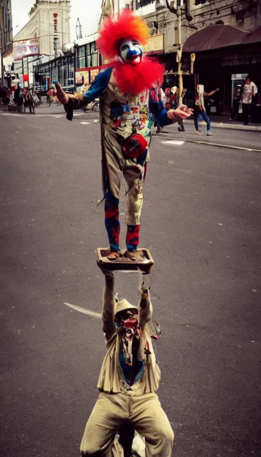 Image similar to joe rogan clown street performer, cinema still