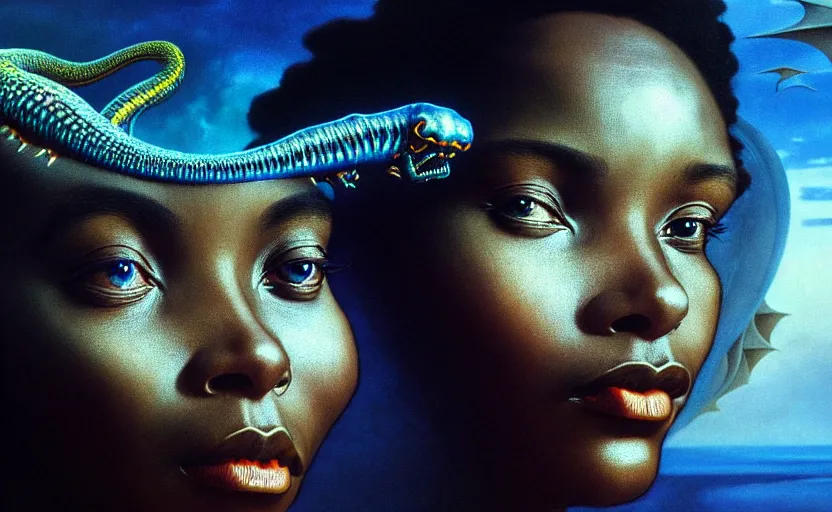 Image similar to realistic detailed photorealistic film close up portrait shot of a beautiful black woman, sci-fi landscape with a dragon on background by Denis Villeneuve, Amano, Yves Tanguy, Alphonse Mucha, Ernst Haeckel, Andrei Tarkovsky, Edward Robert Hughes, Roger Dean, rich moody colours, wide angle, blue eyes