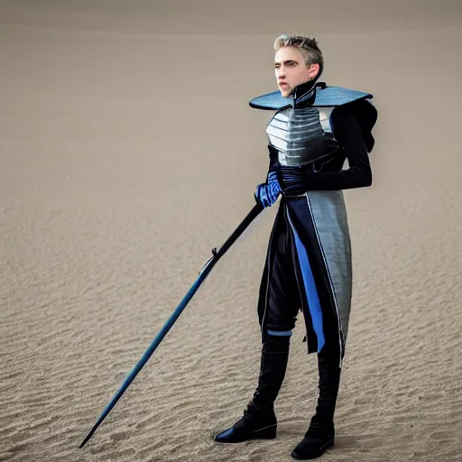 Image similar to low angle upper view of Austin Butler dressed in futuristic-baroque prussian blue duelist-garb and nanocarbon-vest and greaves, standing in an arena in Dune 2020, XF IQ4, f/1.4, ISO 200, 1/160s, 8K, RAW, unedited, symmetrical balance, face in-frame