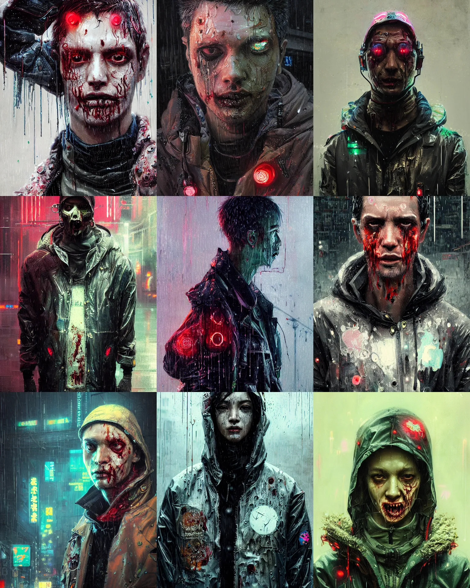 Prompt: detailed portrait, zombie, rain, cyberpunk futuristic neon, reflective puffy coat, decorated with traditional japanese ornaments by ismail inceoglu dragan bibin hans thoma greg rutkowski alexandros pyromallis nekro rene maritte illustrated, perfect face, fine details, realistic shaded, fine - face, pretty face