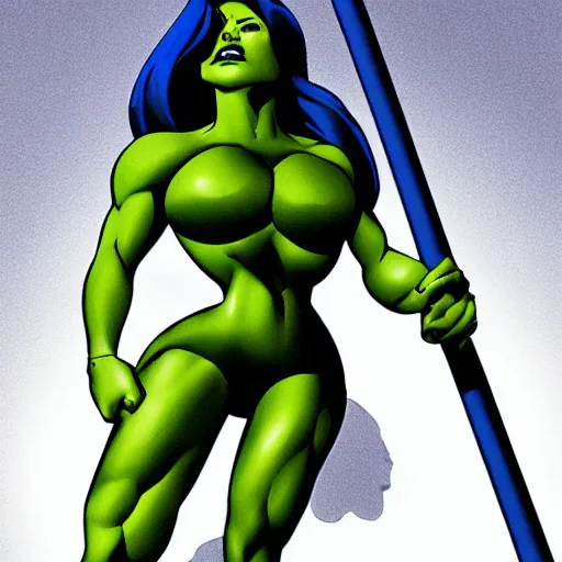 Prompt: she hulk bending a large metal rod