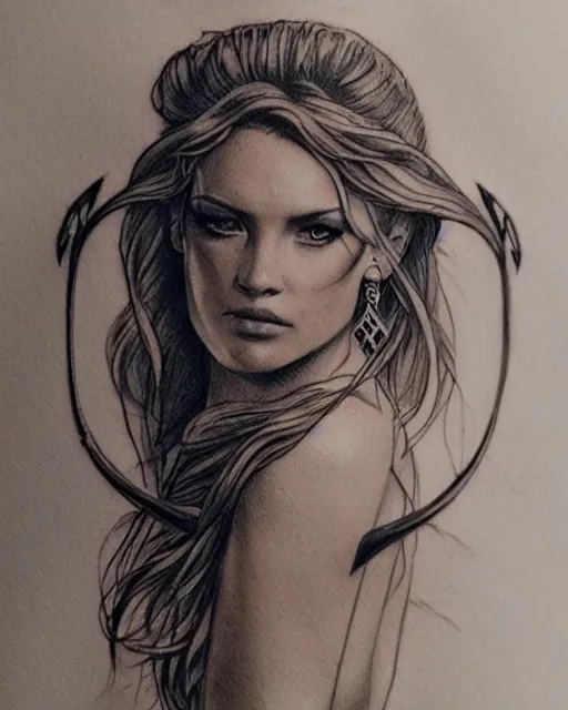 Image similar to tattoo sketch of beautiful greek goddess aphrodite with arrowhead earrings, beautiful piercing eyes, flowing blonde hair, realistic face, hyper realistic, in the style of greg rutkowski, fantasy, amazing detail, epic, intricate, elegant, smooth, sharp focus