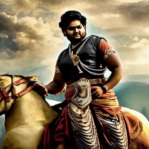 Image similar to tanmay bhat in bahubali ~ on a horse ~