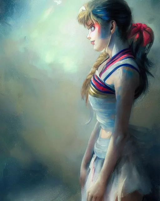 Prompt: a beautiful painting of sailor moon as a real girl, sailor moon hairstyle, oriental tattoos, realism, kawaii, ethereal, by jeremy mann and greg rutkowski, dramatic earth colors, few vivid blue highlights, trending on artstation, pixiv, oil on canvas