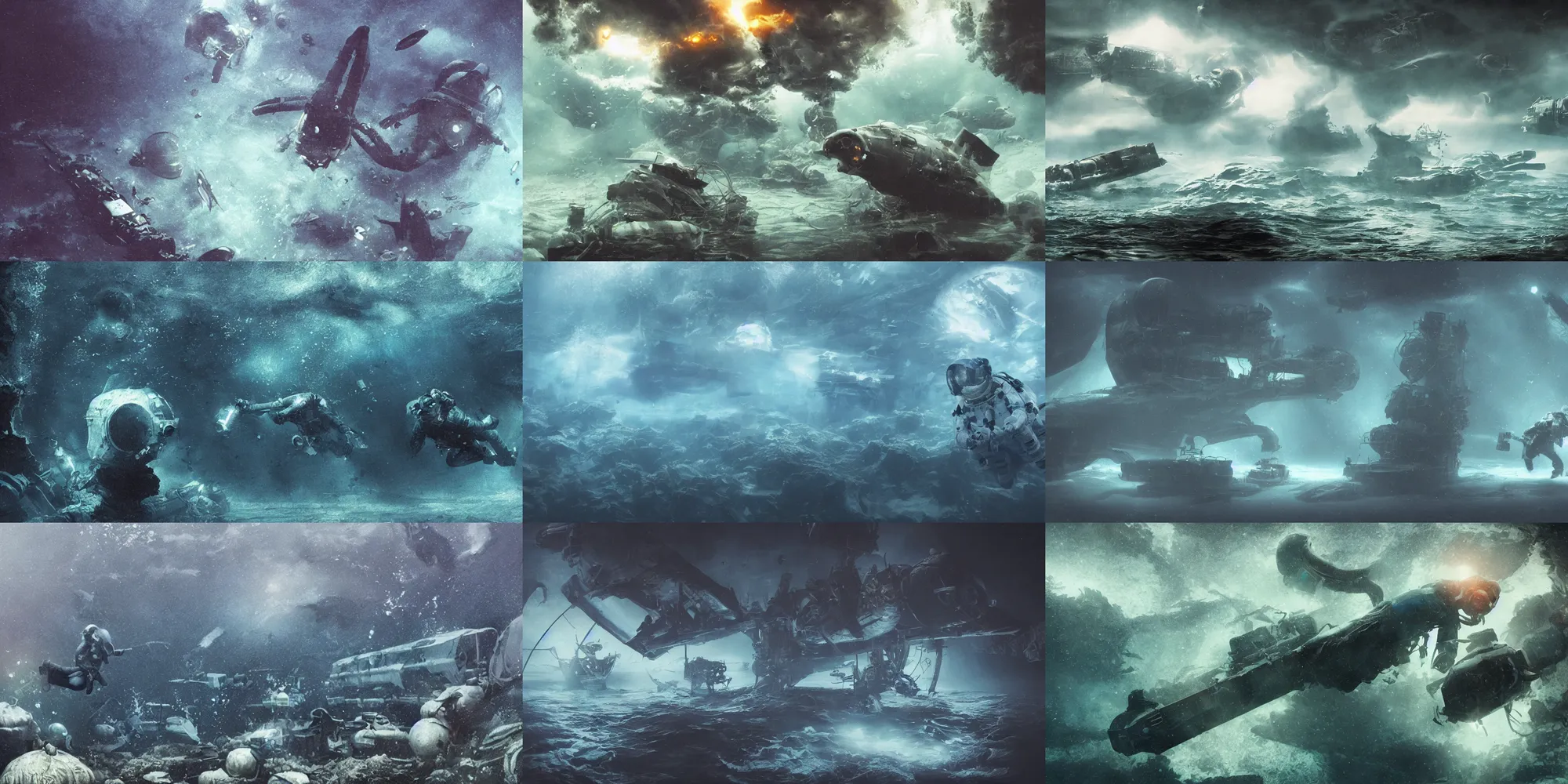 Prompt: astronaut underwater atlantis scene, air bubbles, crab made of smoke monster, attacked submarine in background, dark, concept art, cinematic, dramatic, atmospheric, peaceful, 8 k, blue, fish, low visibility, fog, ocean floor, by denis villeneuve