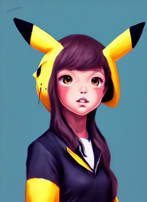 Image similar to a portrait of a girl in pikachu costume, grim - lighting, high - contrast, intricate, elegant, highly detailed, digital painting, artstation, concept art, smooth, sharp focus, illustration