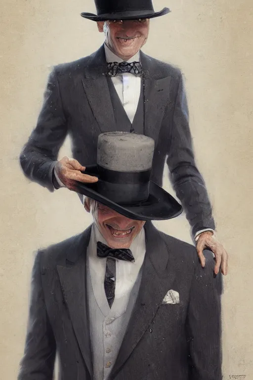 Prompt: a grey hair man with stubble top hat and suit smile by Greg Rutkowski, painting, portrait, high details, trending on artstation