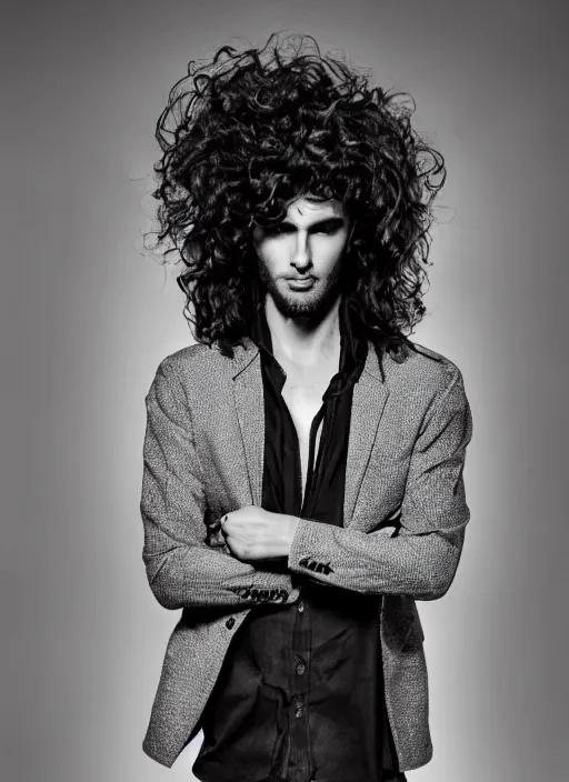 Image similar to a male model in designer clothes ; long curly hair ; pretty face ; high fashion ; editorial look ; unreal engine