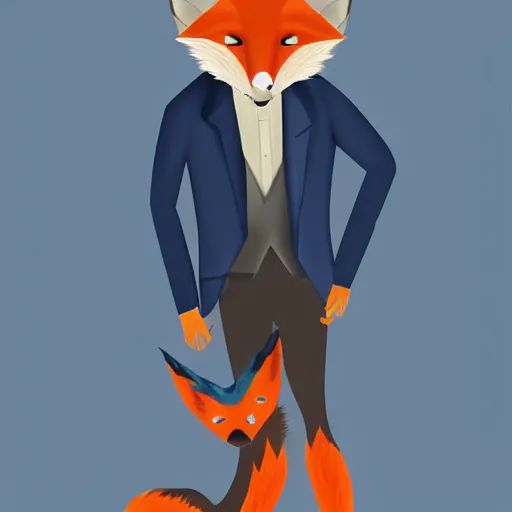 Image similar to “Young man wearing an orange-gala-fox-mask, darkblue suit and fluffy foxtail, digital art”