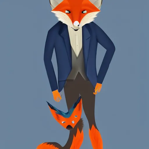 Prompt: “Young man wearing an orange-gala-fox-mask, darkblue suit and fluffy foxtail, digital art”