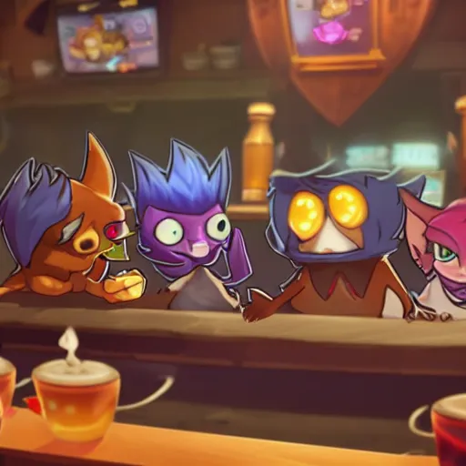 Prompt: yordles from TFT hanging out with his best friends at the bar