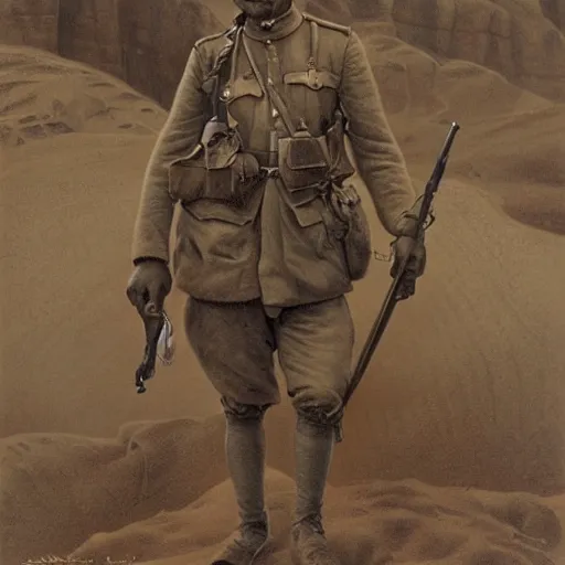 Image similar to a detailed photorealistic sepia - toned color portrait painting of a 1 9 1 7 worried clean - shaven british lieutenant in field gear from the arab bureau in wadi rum, ultra realistic, intricate details, atmospheric, dark, brooding, highly detailed, by clyde caldwell