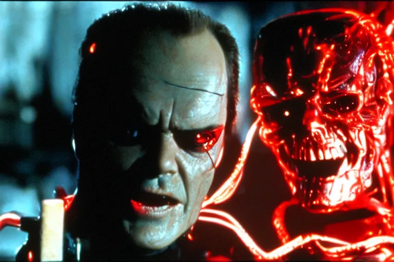 Prompt: Jack Nicholson plays Terminator, his one yes glow red, scene where his endoskeleton is exposed, still from the film