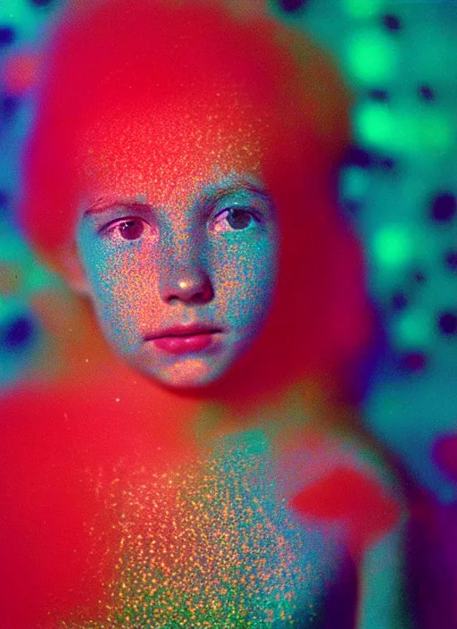 Image similar to realistic photo of a blurred face of a girl, covered in shriveling dead semi - translucent iridescent coral reef, emitting aura, 1 9 6 0, life magazine photo, natural colors, metropolitan museum, kodak, 8 k, very detailed, high resolution, product photo,