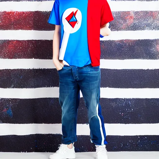 Image similar to a portrait of an average white teenage boy with blue colored hair, wearing a red backwards cap, white t - shirt with a red no symbol on it, blue long pants and red shoes, holding a microphone on a stage, studio lighting, photoshoot