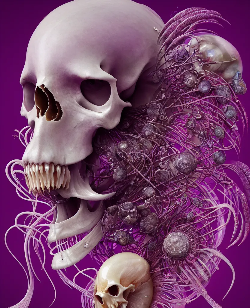 Image similar to goddess close-up portrait ram skull. jellyfish phoenix head, nautilus, orchid, skull, betta fish, bioluminiscent creatures, intricate artwork by Tooth Wu and wlop and beeple. octane render, trending on artstation, greg rutkowski very coherent symmetrical artwork. cinematic, hyper realism, high detail, octane render, 8k