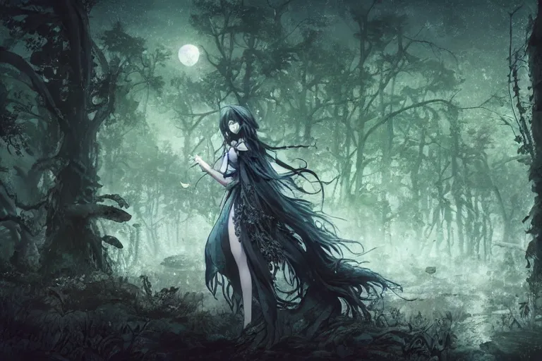Image similar to goth woman in a moonlight view, in a forest, a river, tankoban, 4 k, tone mapping, akihiko yoshida, james jean andrei riabovitchev marc simonetti, yoshitaka amano, long hair, curly, h. hydrochaeri