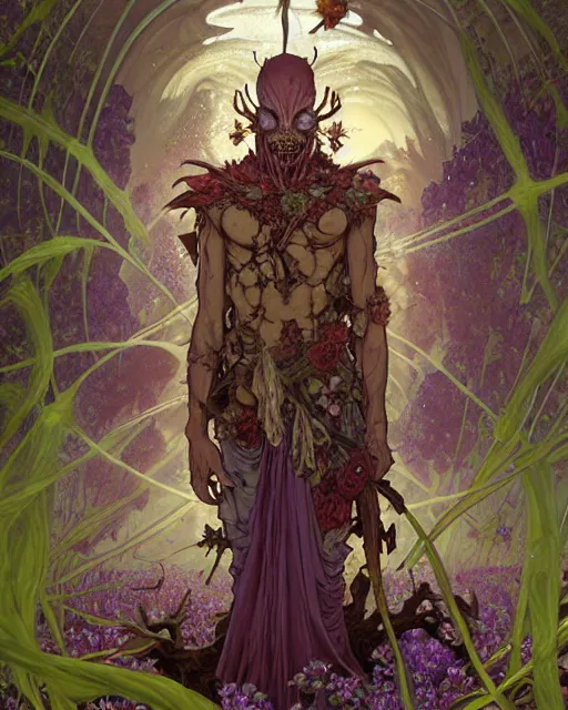 Prompt: the platonic ideal of flowers, rotting, insects and praying of cletus kasady carnage thanos davinci nazgul wild hunt chtulu mandala ponyo heavy rain the witcher, d & d, fantasy, ego death, decay, dmt, psilocybin, concept art by randy vargas and greg rutkowski and ruan jia and alphonse mucha