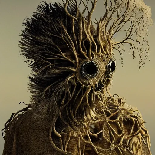 Prompt: a hyphae biomechanoid time traveller shaman with bone virtual reality biocouture headset brain to brain sensing interface exoskeleton feathered snake mask made of fungal mycelial furry mats in sandstorm underworld mountain