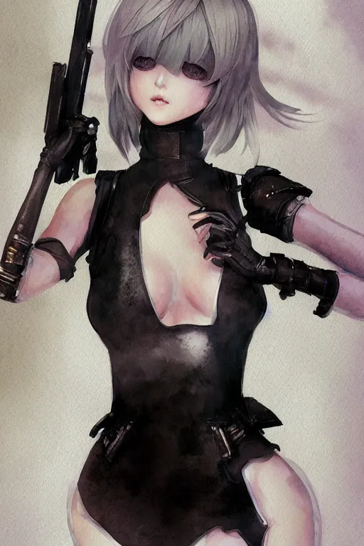 Prompt: Full body Portrait of young, beautiful 2B from Nier Automata, full of details, watercolor painting, concept art, smooth, by Ina Wong and wlop ，trending on cgsociety and artstation，8kHDR，light effect