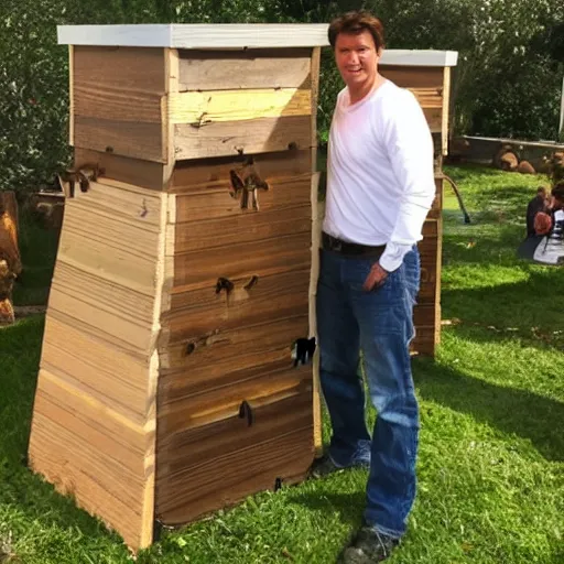 Prompt: Nathan Fillion protecting a bee hive portal