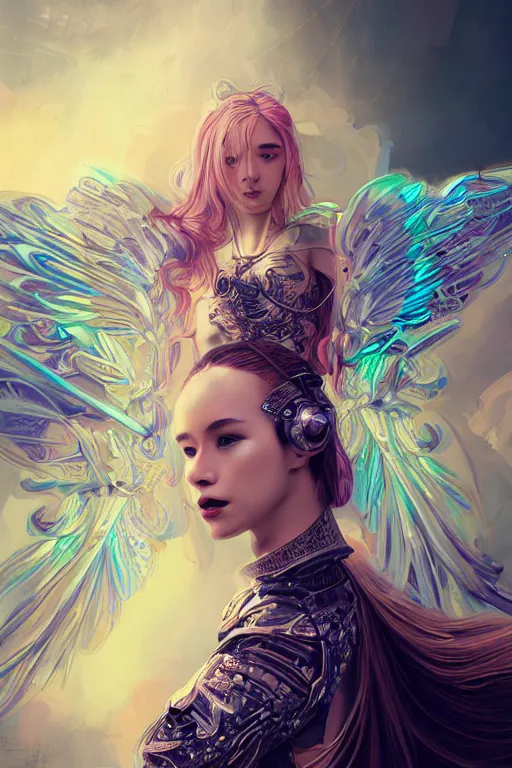 Image similar to portrait futuristic goddess angel Girl with wings and halo and armor and feathers, in future cyberpunk tokyo rooftop , ssci-fi, fantasy, intricate, very very beautiful, elegant, human anatomy, human structure, neon light, highly detailed, digital painting, artstation, concept art, smooth, sharp focus, illustration, art by tian zi and WLOP and alphonse mucha