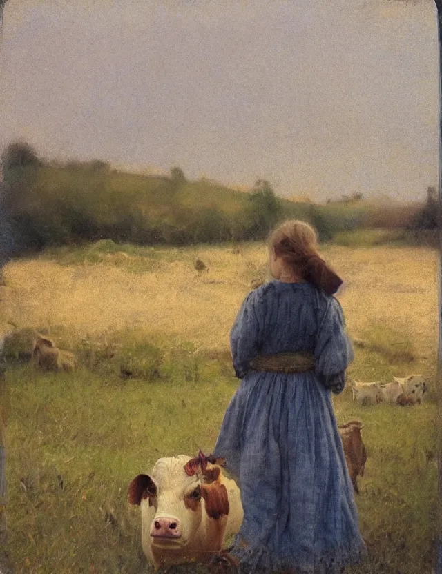 Prompt: portrait of peasant girl petting a cow on a farm, cottage core, polaroid photo bleached vintage pastel colors high - key lighting, soft lights, foggy, by steve hanks, by lisa yuskavage, by serov valentin, by tarkovsky, 8 k render, detailed, oil on canvas