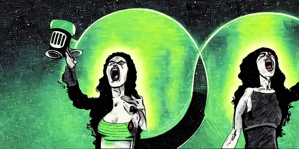 Prompt: apocalyptic ufo woman is screaming and crying after alien invasion on planet earth style in the year seventies, illustration, green color scheme