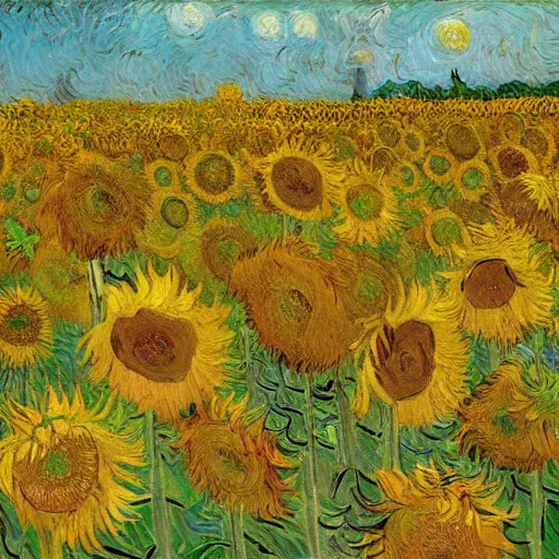 Image similar to field of sunflowers with one standing taller than the rest, in the style of van gogh