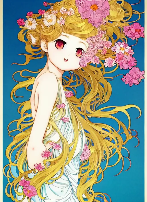 Image similar to exquisite imaginative manga poster art of a smiley girl, long wavy hair, flowers, rococo dress, dove, shimmering, by kojima ayami, shigenori soejima, minaba hideo, alphonse mucha, jump comics, shogakukan, art nouveau, illustration, artstation, highly detailed, 8 k, fluorescent, maximalist