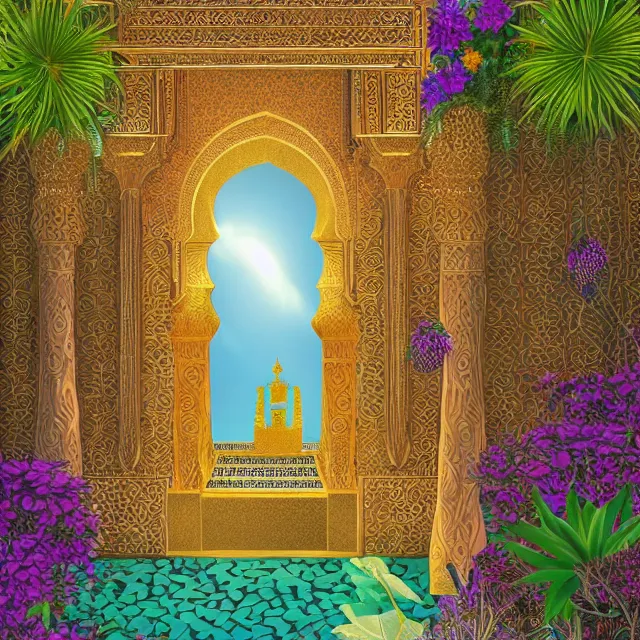 Prompt: 2 d vector, goddess, garden, hanging garden of babylon, oasis, exotic flowers, plant life, garden of eden, pillars, gold accent, fountain, ornate, peaceful, light, vivid, surreal, temple, moroccan architecture