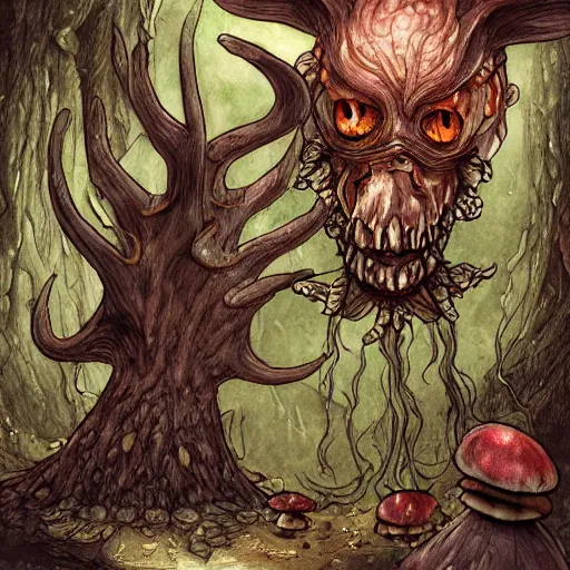 Image similar to digital art of a fantasy monster portrait with mushrooms coming out of the skin, and rotting away, dynamic lighting