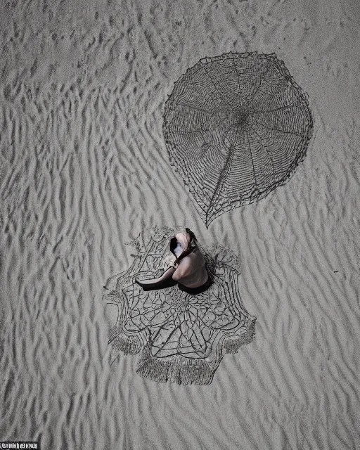 Image similar to a woman sitting on a beach, made of intricate decorative lace leaf skeleton, shot from a drone, in the style of the dutch masters and gregory crewdson, dark and moody