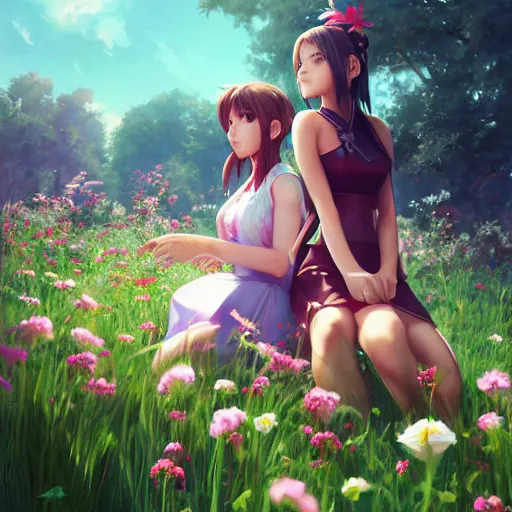 Image similar to aerith and yuffie from final fantasy 7 remake sitting in a flower field by ilya kuvshinov, rtx reflections, maya, extreme high intricate hyperrealistic details by wlop, digital art by ross tran, medium shot, composition by sana takeda, dramatic lighting by greg rutkowski