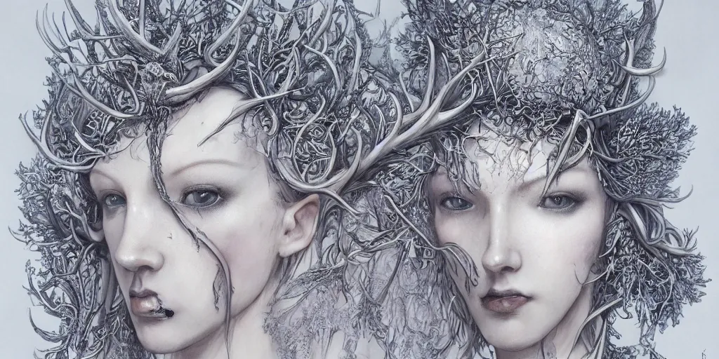 Image similar to hyperrealistic photography of a highly detailed and symmetrical gorgeous ice queen and porcelain antlers in the style of beth cavener, jin kagetsu, james jean and wlop, face symmetry, masterpiece, award - winning, sharp focus, intricate concept art, ambient lighting, 8 k, artstation
