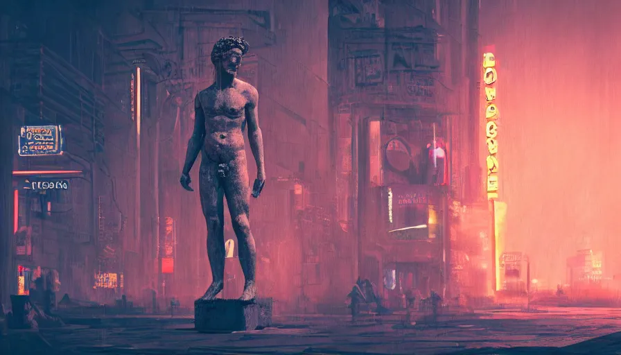 Image similar to a small weathered ancient greek sculpture standing in a square, surrounded by cyberpunk city, neon sign, bladerunner, digital illustration, artstation, cinematic composition