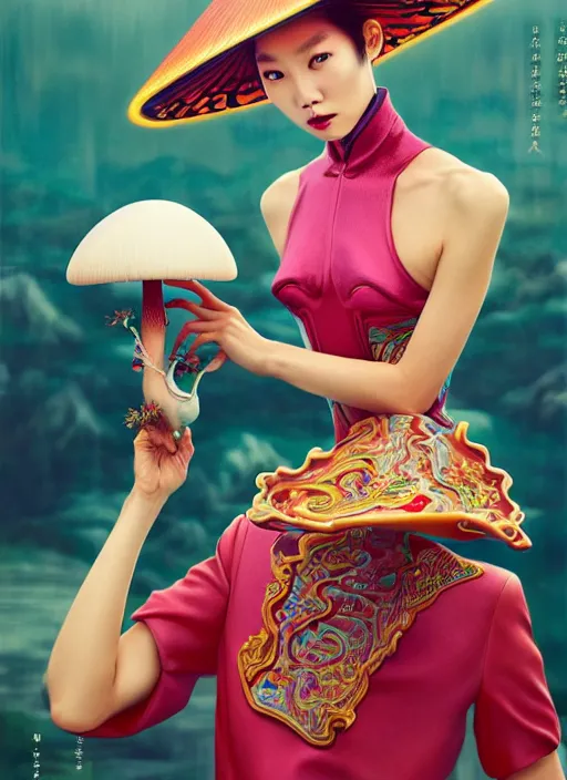 Prompt: pretty chinese model with futuristic mushroom : : by martine johanna and simon stalenhag and chie yoshii and casey weldon and wlop : : ornate, dynamic, particulate, rich colors, intricate, elegant, highly detailed, vogue, harper's bazaar art, fashion magazine, smooth, sharp focus, 8 k, octane render,