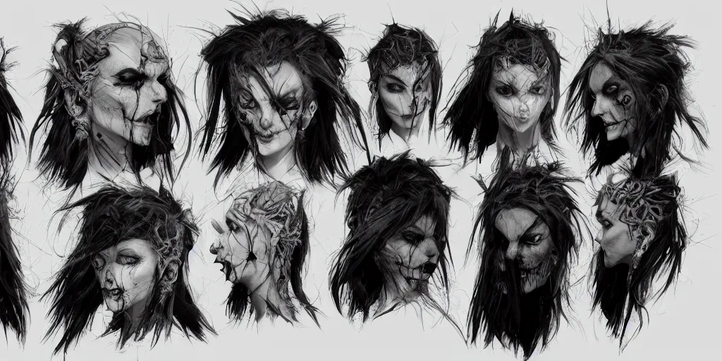 Image similar to gothic creature character face detail designs, Kim Jung Gi, Greg Rutkowski, character sheet, Darek Zabrocki, Karlkka, Jayison Devadas, Phuoc Quan, trending on Artstation, 8K, ultra wide angle, pincushion lens effect