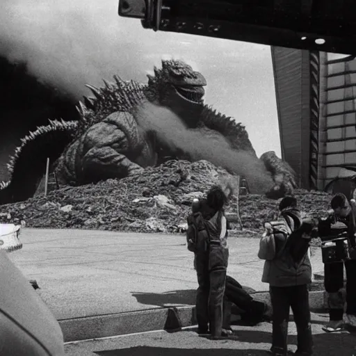 Image similar to extreme wide angle photo of godzilla taking a smoking break between filming setups