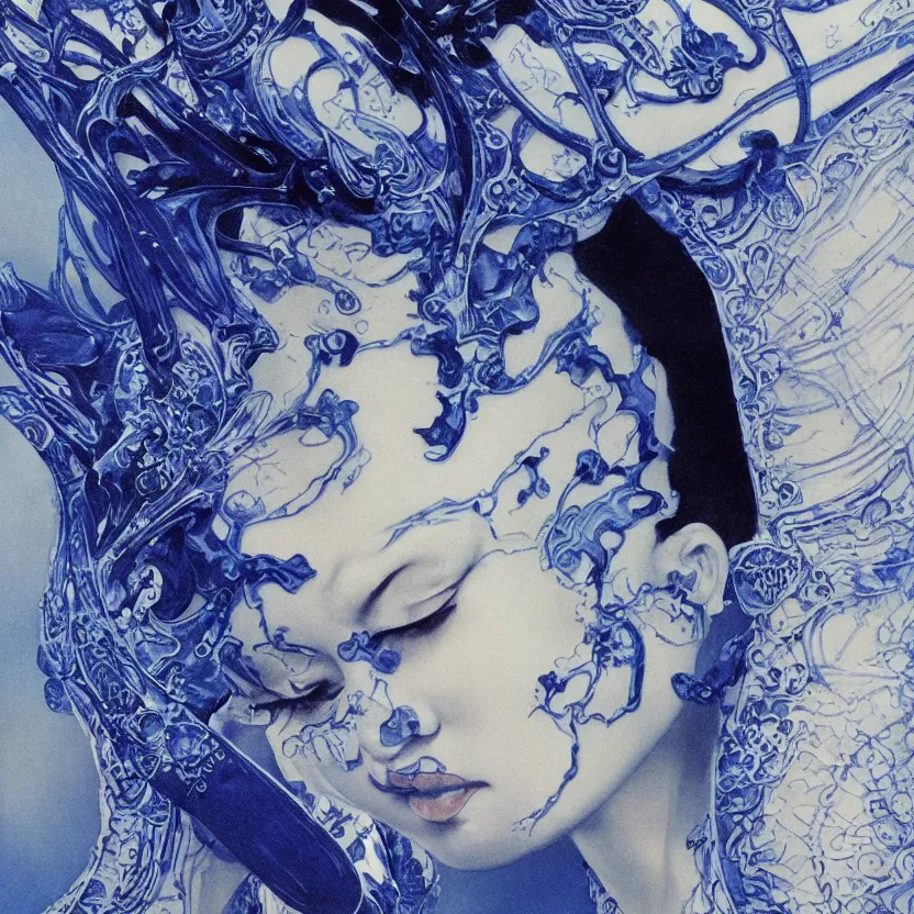 Image similar to a close - up portrait of an ornate blue and white porcelain figure made out of white vitrified translucent ceramic ; china. reflective detailed textures. gloomy black background. highly detailed fantasy science fiction painting by moebius, norman rockwell, frank frazetta, and syd mead. rich colors, high contrast. artstation