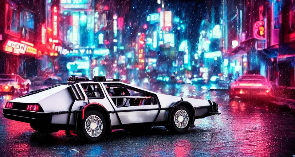 Image similar to a 2 8 mm closeup photo of a tela tron neon delorean back to the future car on wet city street at night, intricate, hyper detailed, smooth, high contrast, neon, volumetric lighting, octane, moebius, greg rutkowski, blade runner, ripley scott, mad max, cindmatic